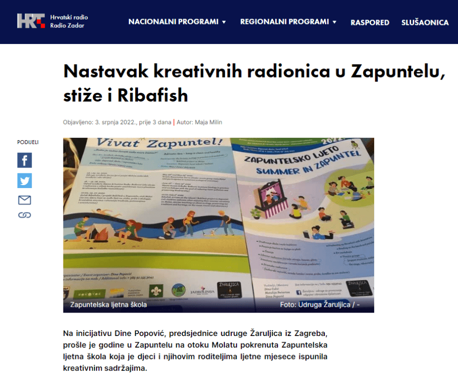 Radio Zadar: Nastavak kreativnih radionica u Zapuntelu, stiže i Ribafish