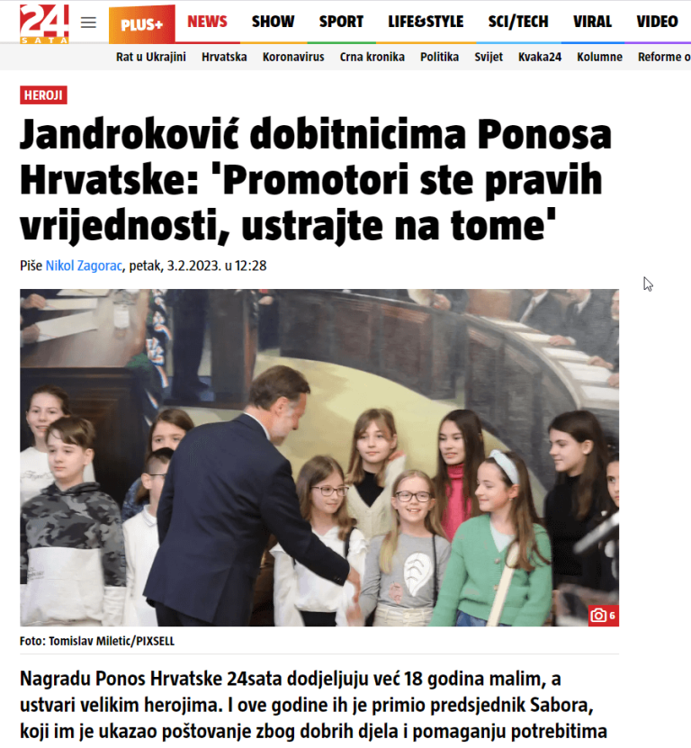24 sata - Jandroković dobitnicima Ponosa Hrvatske: 'Promotori ste pravih vrijednosti, ustrajte na tome'